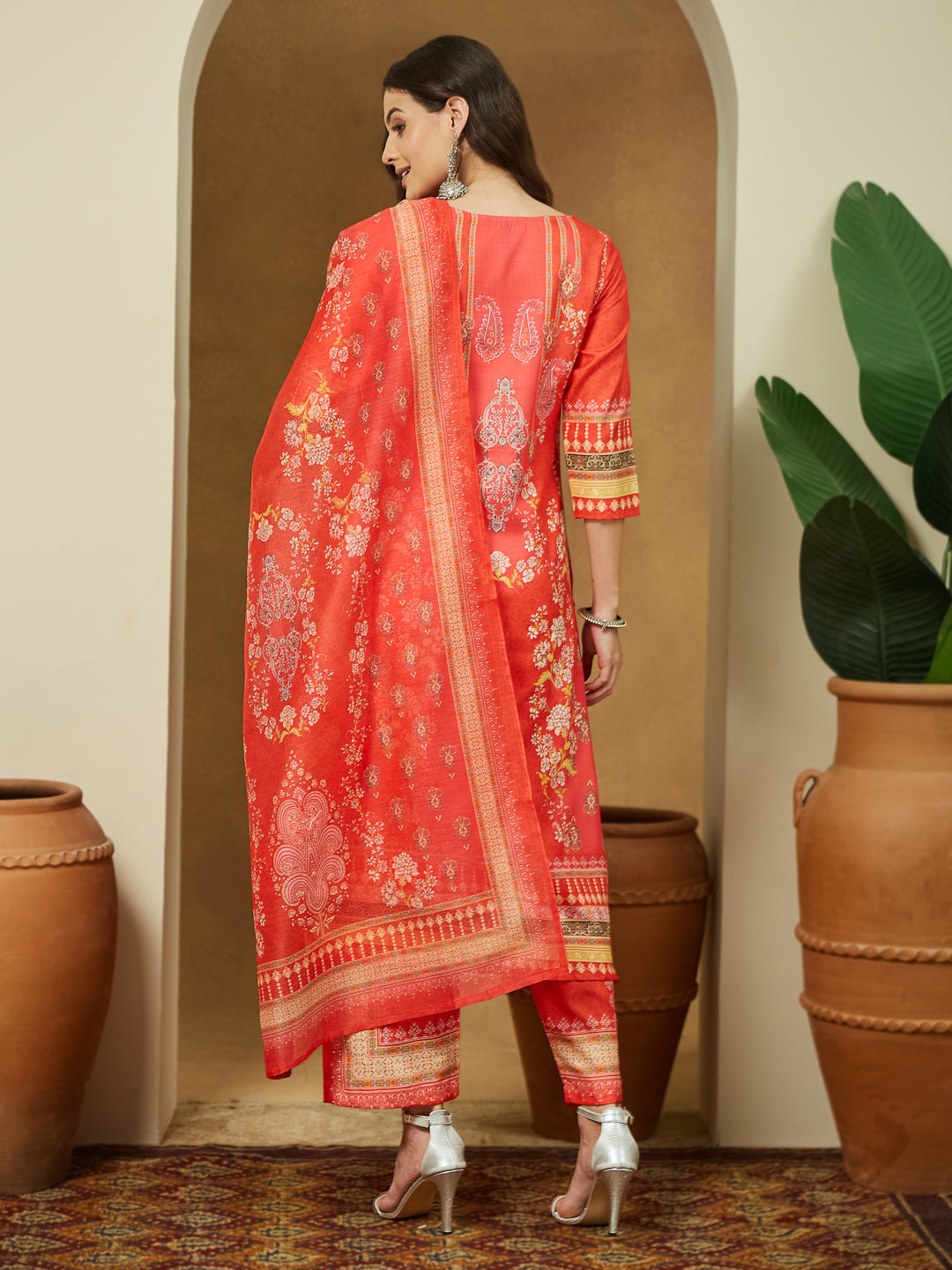 Women's Orange Cotton Blend Ethnic Motifs Printed Pakistani Straight Kurta Set