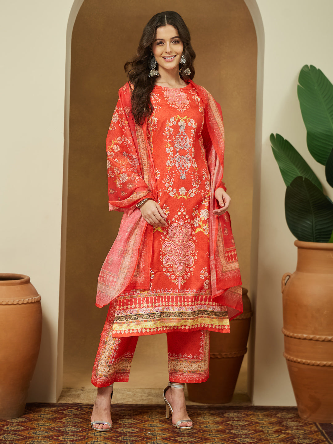 Women's Orange Cotton Blend Ethnic Motifs Printed Pakistani Straight Kurta Set