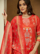 Women's Orange Cotton Blend Ethnic Motifs Printed Pakistani Straight Kurta Set