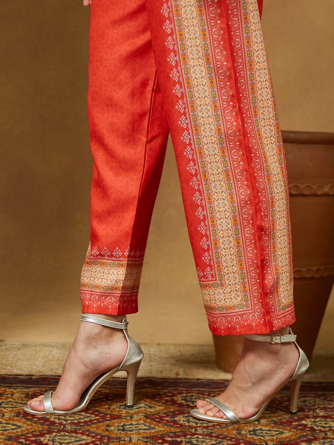 Women's Orange Cotton Blend Ethnic Motifs Printed Pakistani Straight Kurta Set