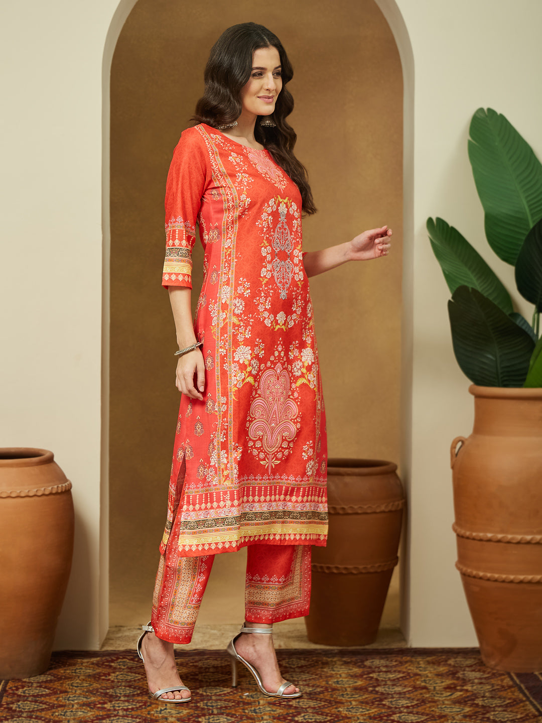 Women's Orange Cotton Blend Ethnic Motifs Printed Pakistani Straight Kurta Set