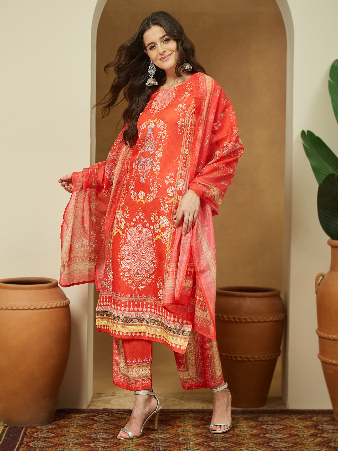 Women's Orange Cotton Blend Ethnic Motifs Printed Pakistani Straight Kurta Set