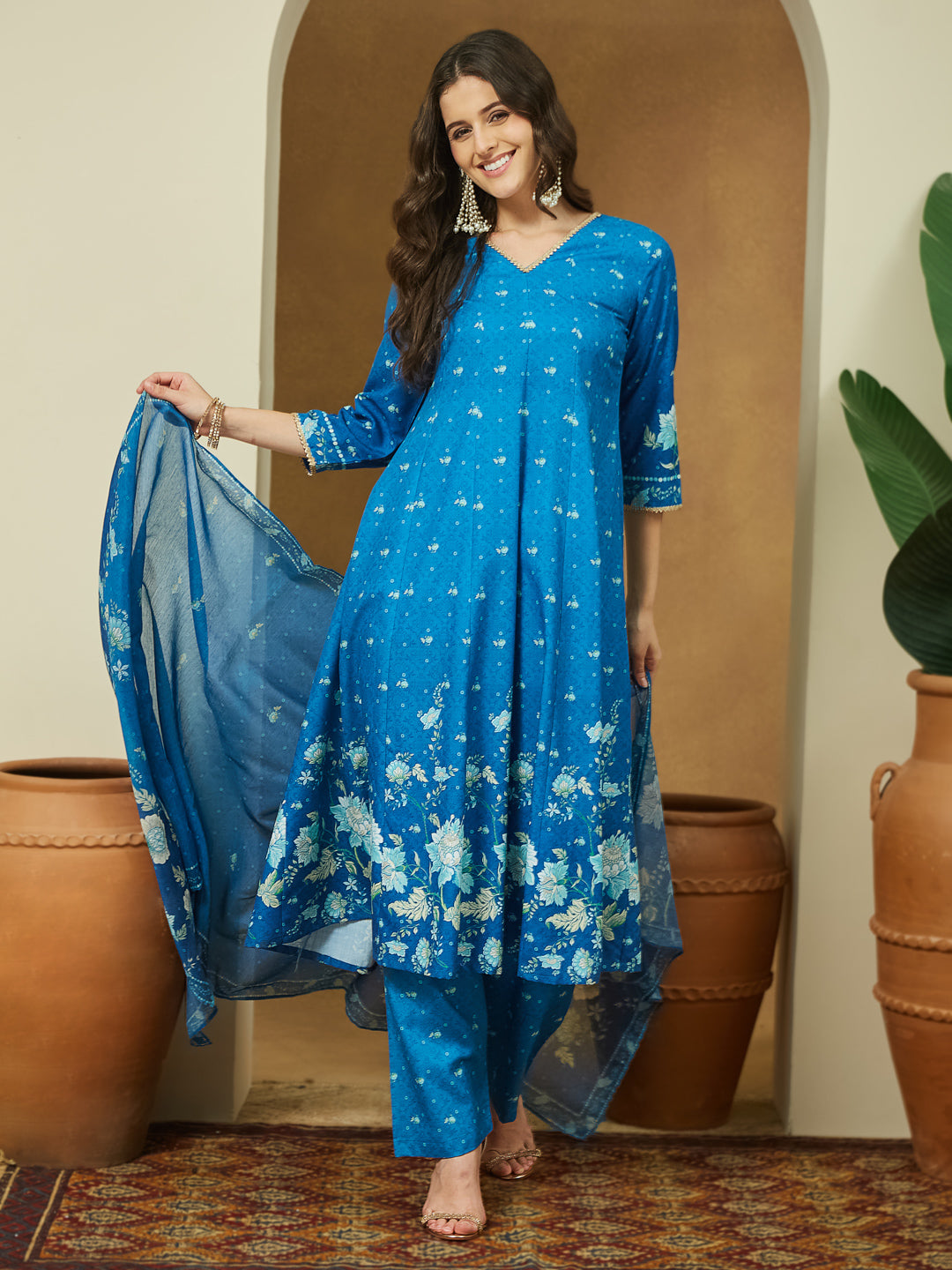 Women's Blue Cotton Blend Floral Printed Anarkali Kurta Set
