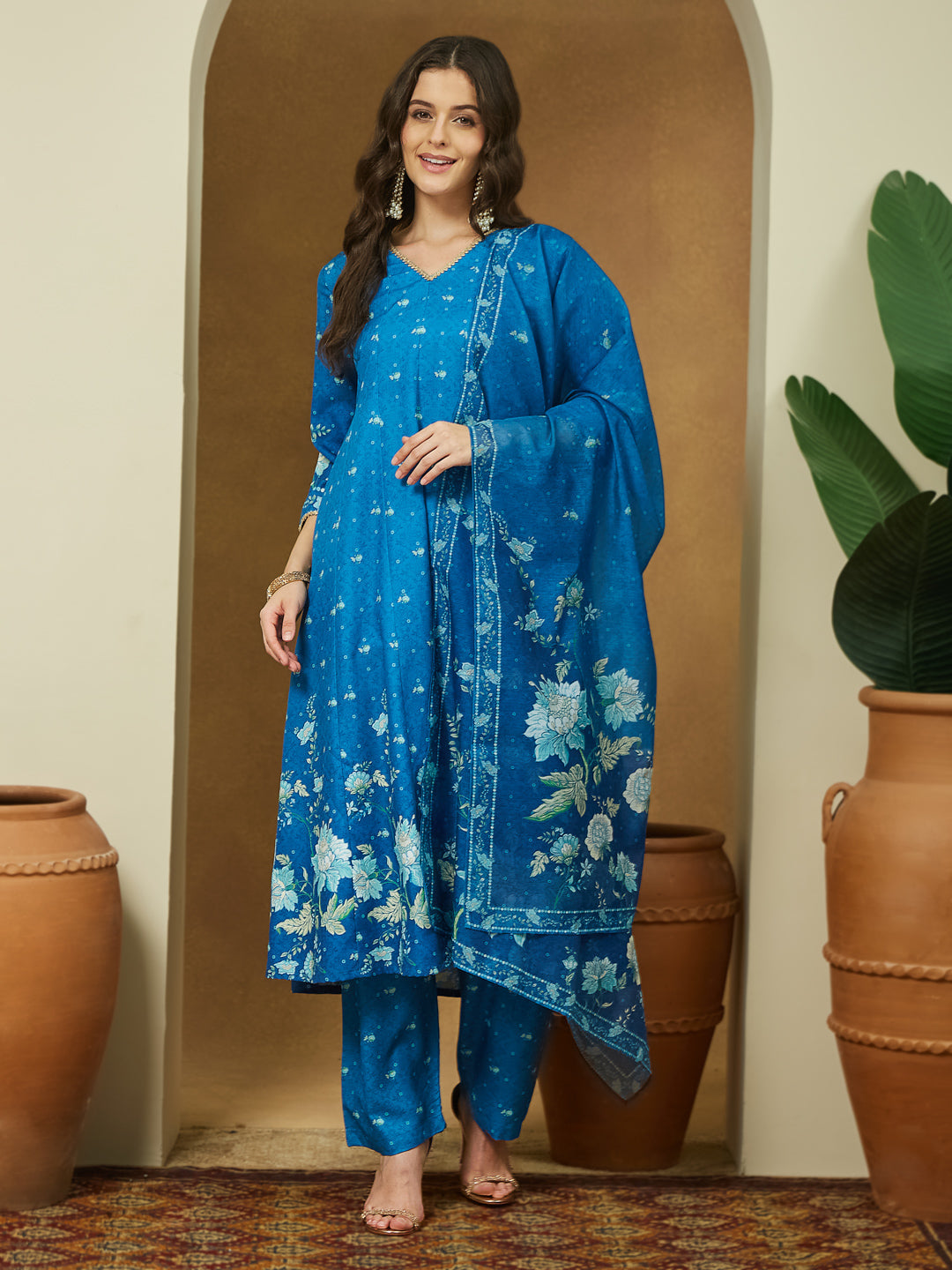 Women's Blue Cotton Blend Floral Printed Anarkali Kurta Set
