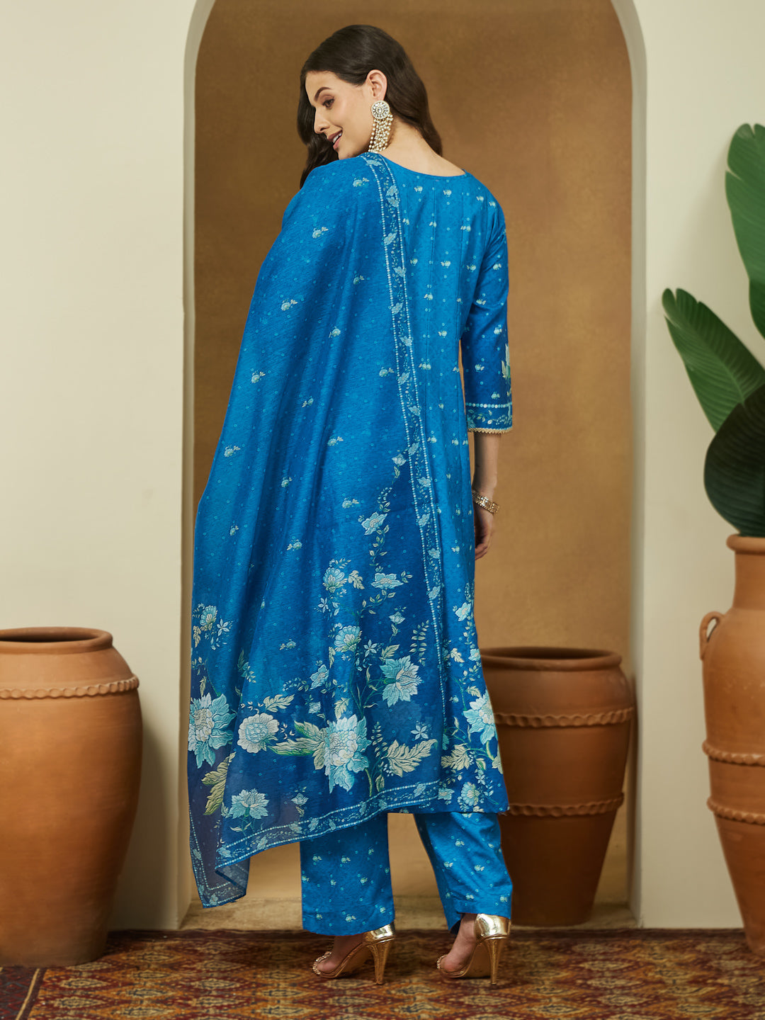 Women's Blue Cotton Blend Floral Printed Anarkali Kurta Set