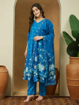 Women's Blue Cotton Blend Floral Printed Anarkali Kurta Set