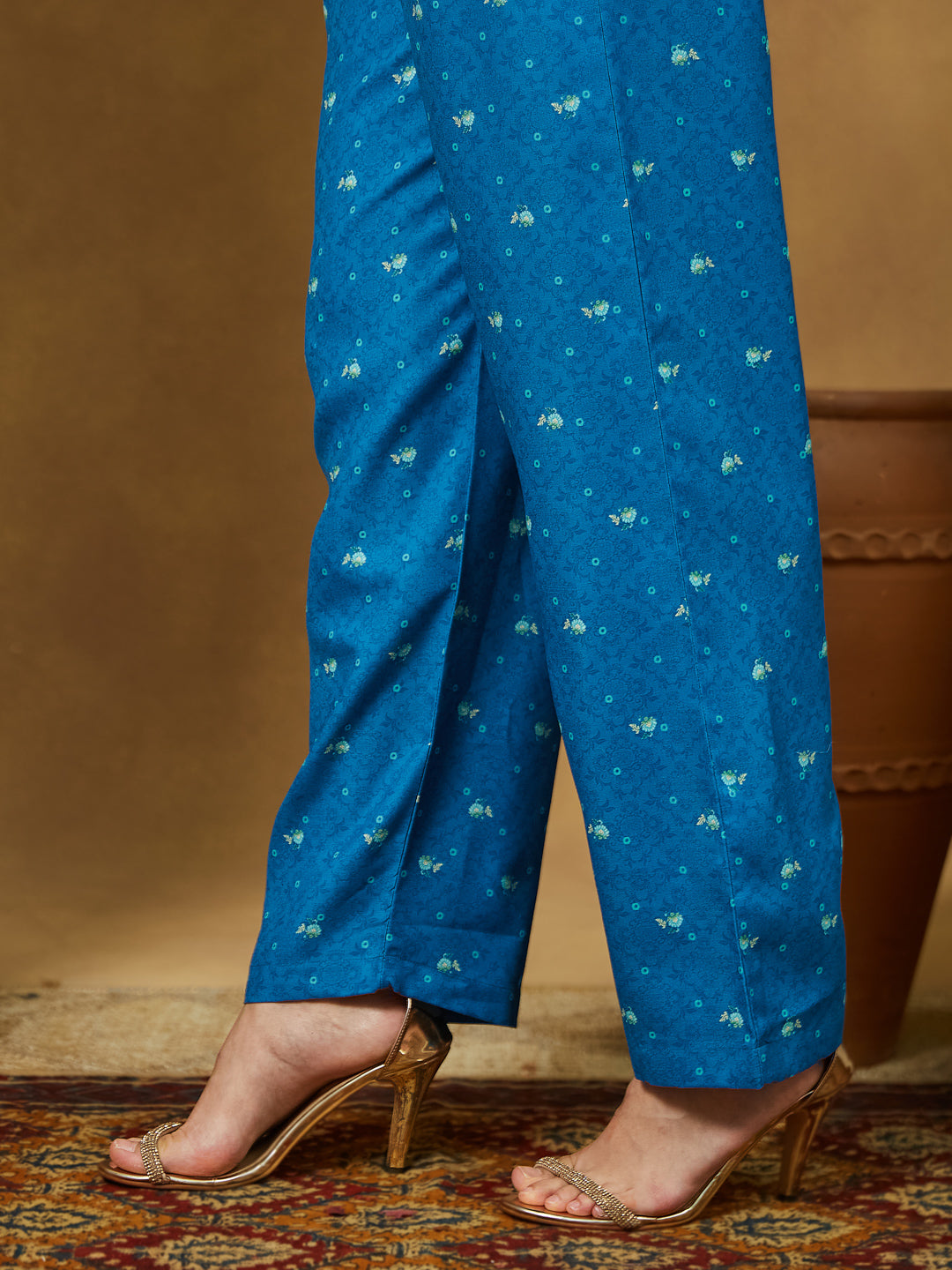 Women's Blue Cotton Blend Floral Printed Anarkali Kurta Set