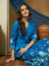 Women's Blue Cotton Blend Floral Printed Anarkali Kurta Set