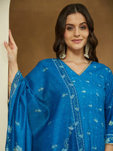 Women's Blue Cotton Blend Floral Printed Anarkali Kurta Set