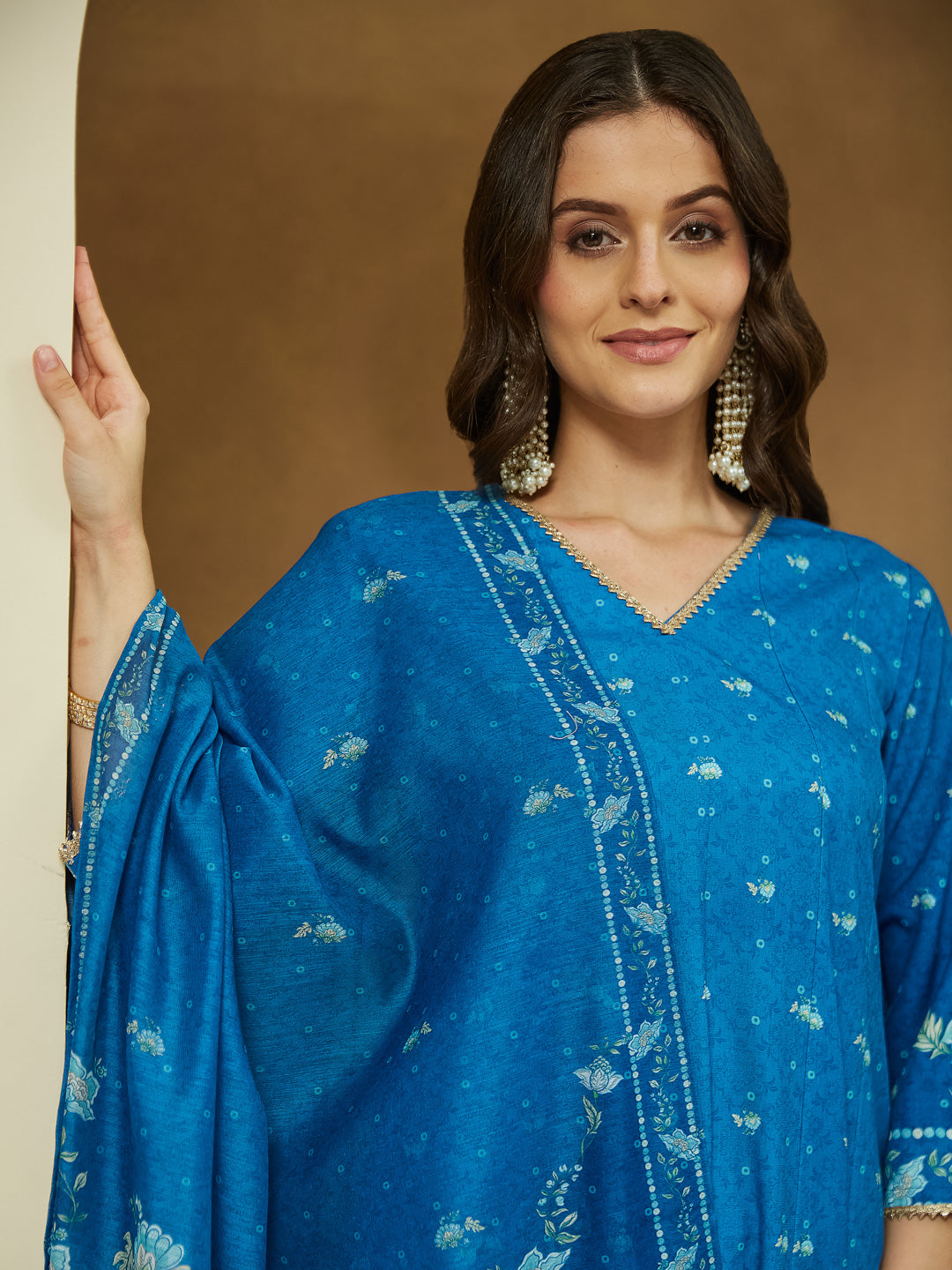 Women's Blue Cotton Blend Floral Printed Anarkali Kurta Set