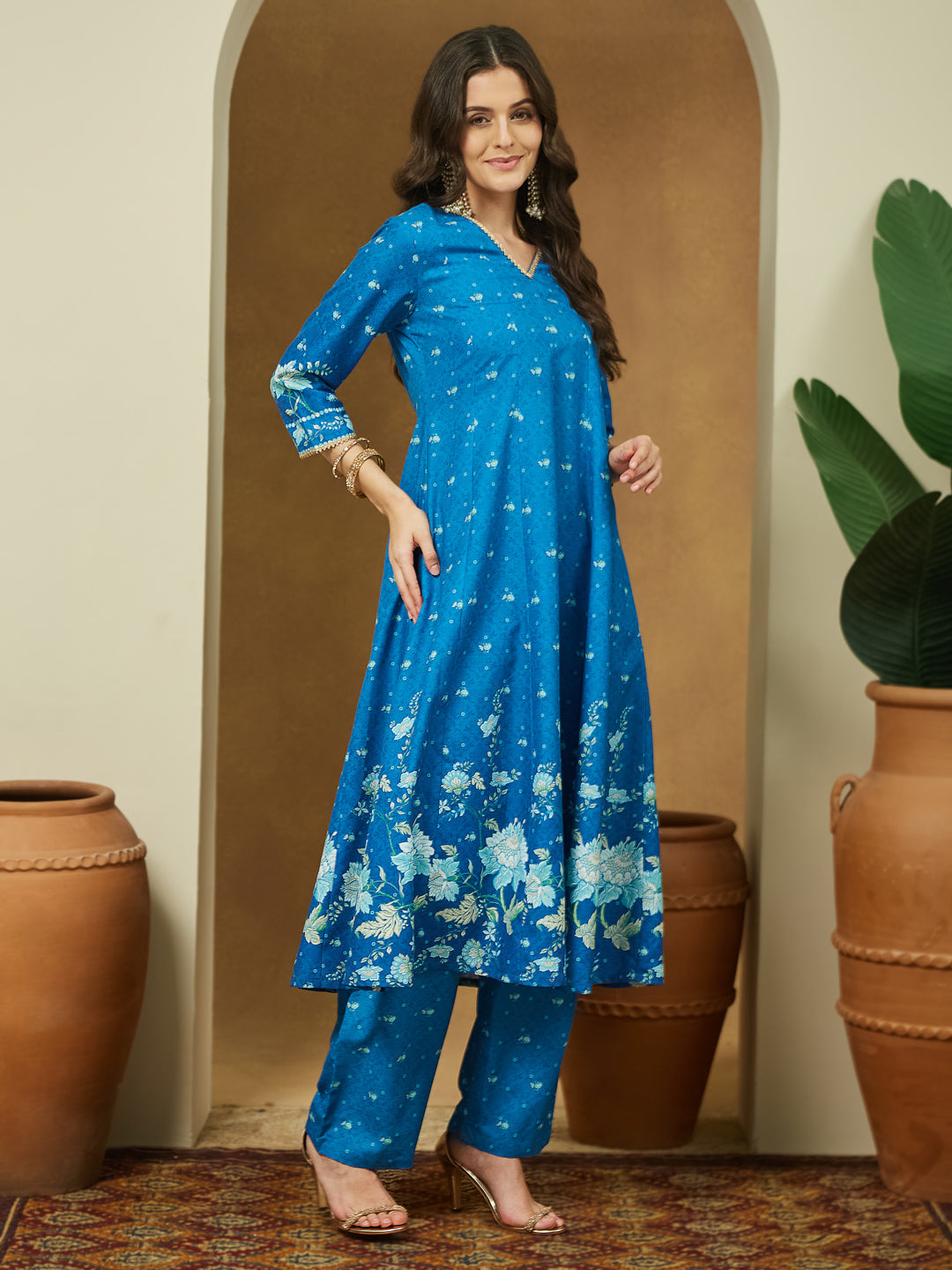 Women's Blue Cotton Blend Floral Printed Anarkali Kurta Set