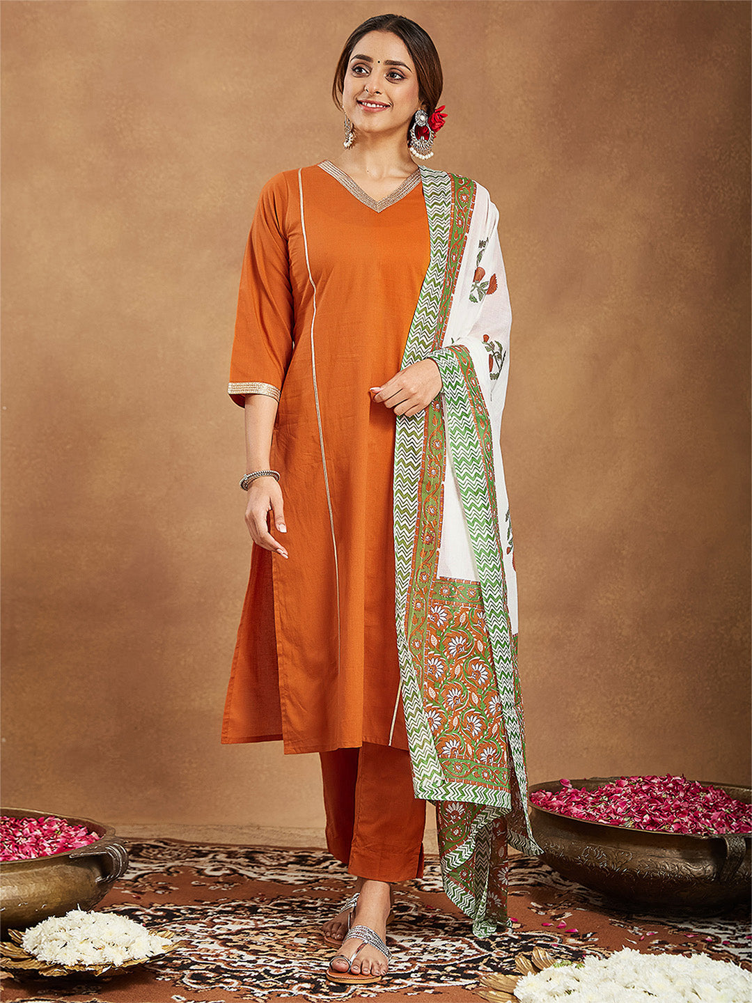 Women's Orange Pure Cotton Solid Straight Kurta Set