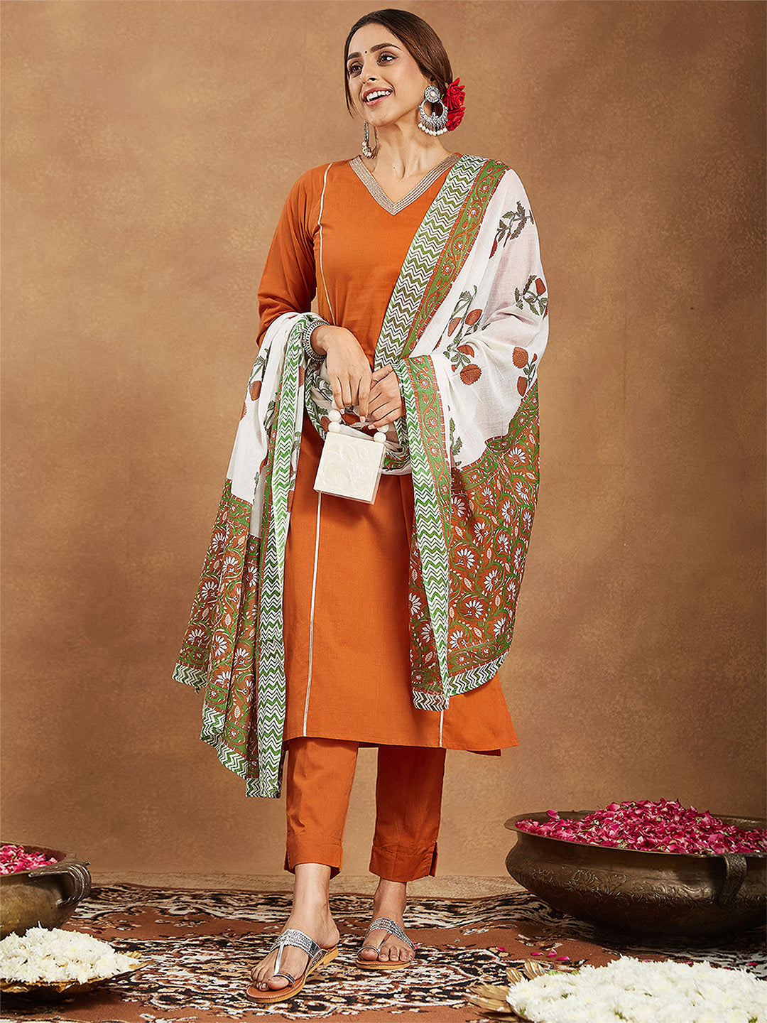 Women's Orange Pure Cotton Solid Straight Kurta Set