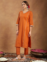 Women's Orange Pure Cotton Solid Straight Kurta Set