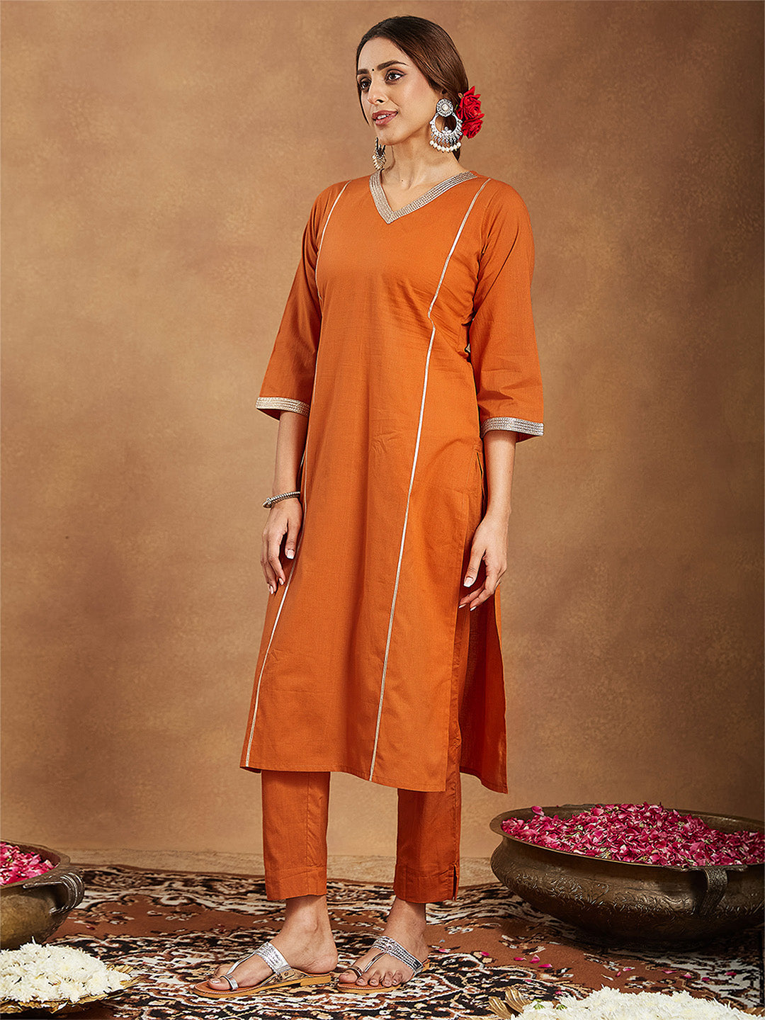 Women's Orange Pure Cotton Solid Straight Kurta Set