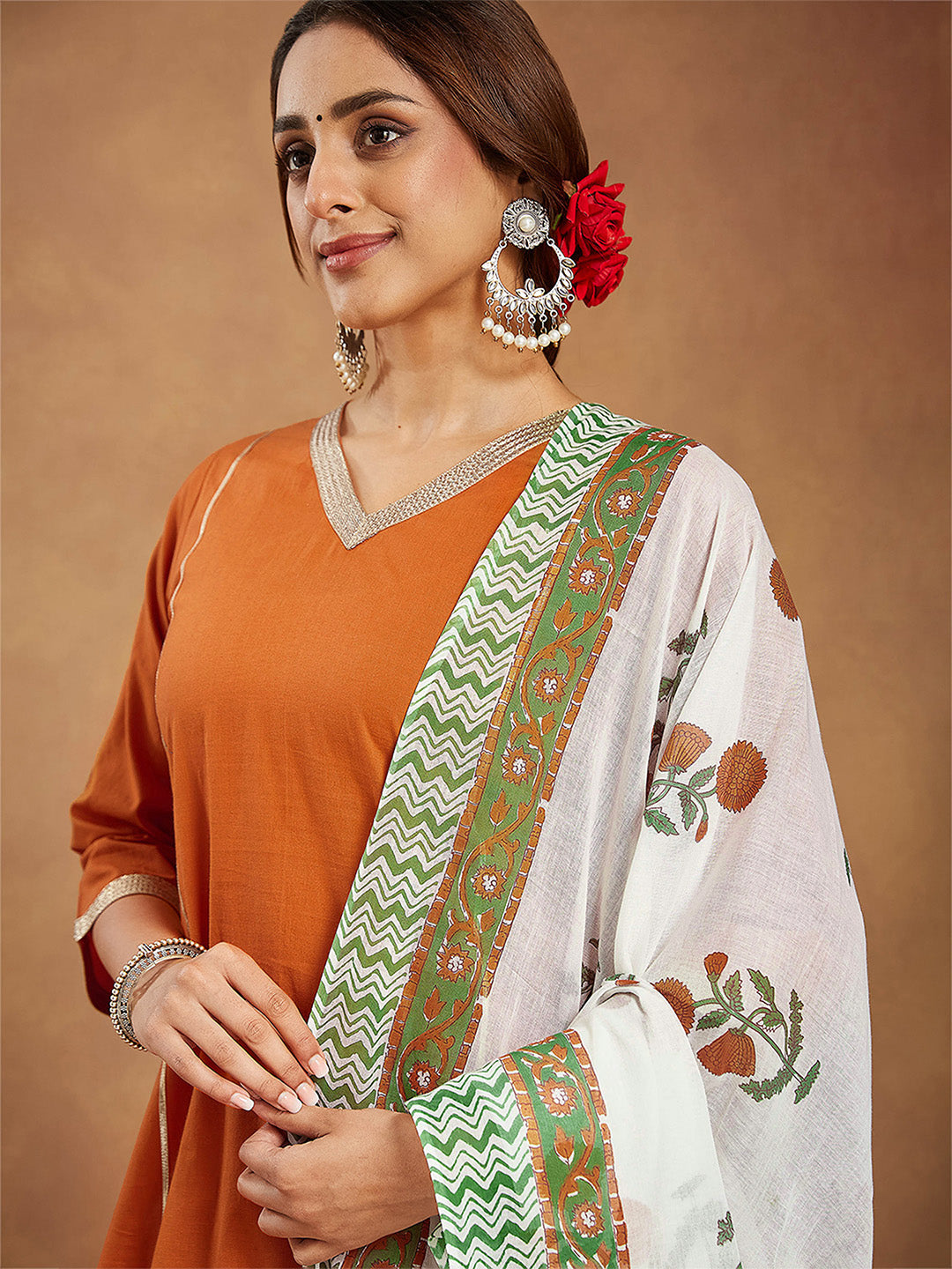 Women's Orange Pure Cotton Solid Straight Kurta Set