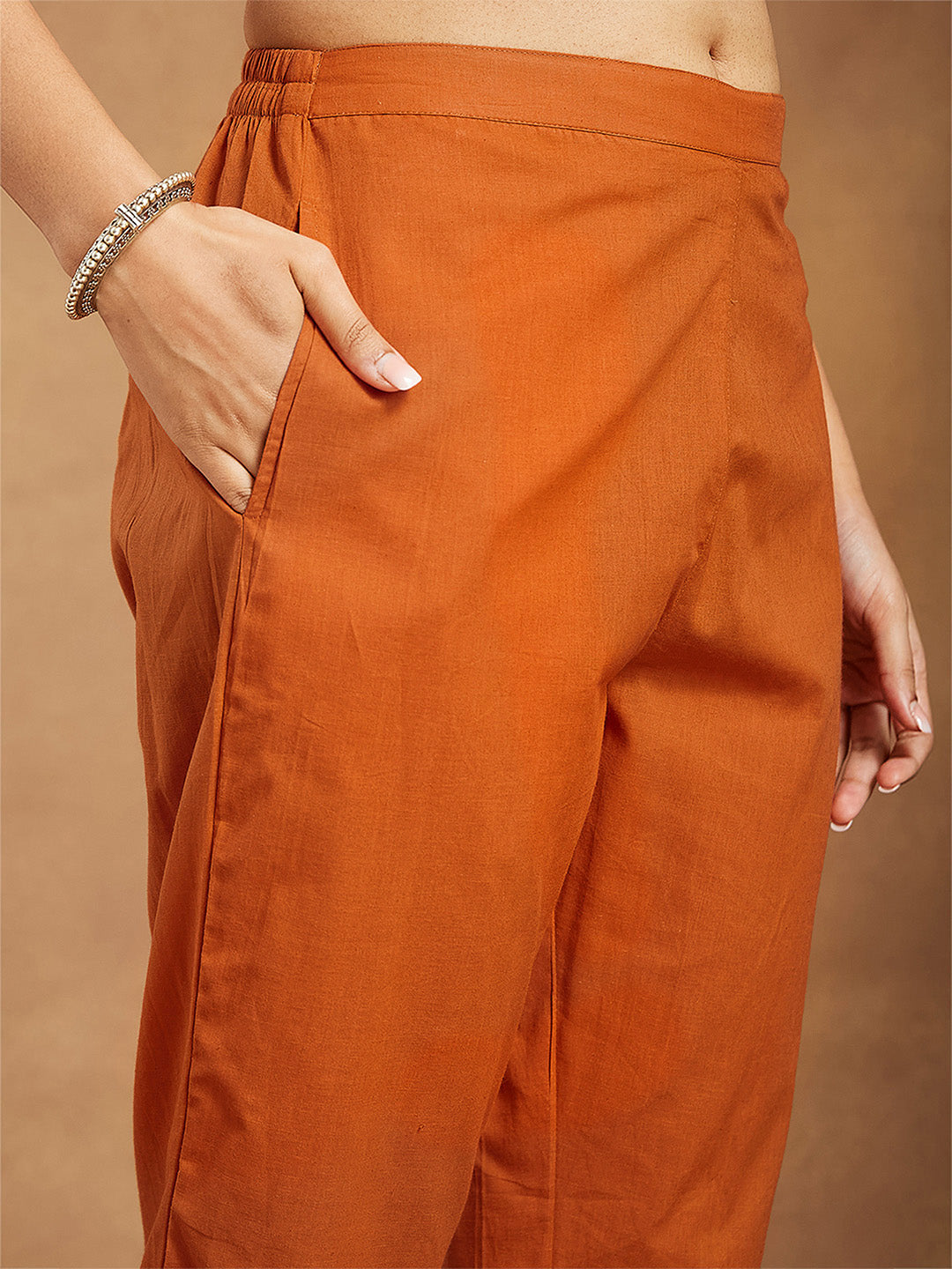 Women's Orange Pure Cotton Solid Straight Kurta Set