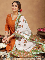 Women's Orange Pure Cotton Solid Straight Kurta Set