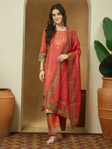 Women's Rust Cotton Blend Ethnic Motifs Printed Straight Kurta Set