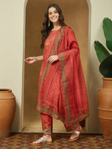 Women's Rust Cotton Blend Ethnic Motifs Printed Straight Kurta Set
