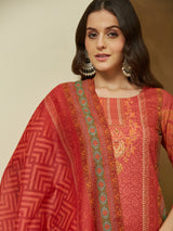 Women's Rust Cotton Blend Ethnic Motifs Printed Straight Kurta Set