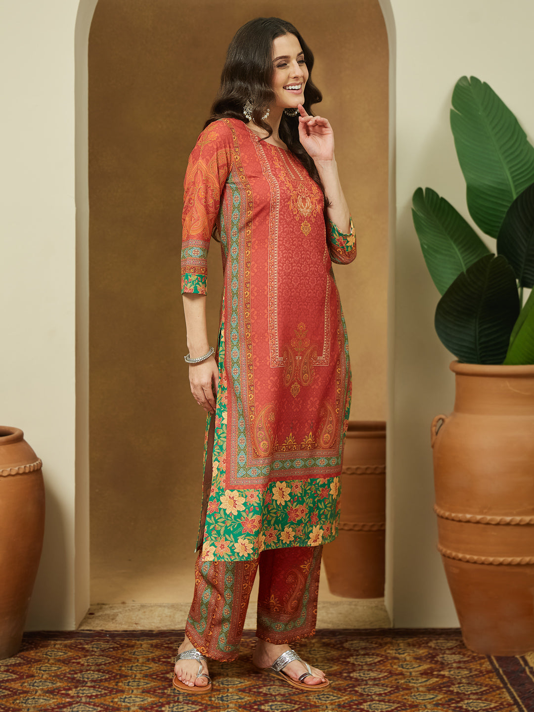 Women's Rust Cotton Blend Ethnic Motifs Printed Straight Kurta Set