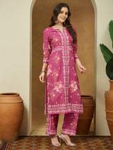Women's Pink Cotton Blend Floral Printed Straight Kurta Set