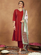 Women's Red Pure Cotton Embellished Straight Kurta Set