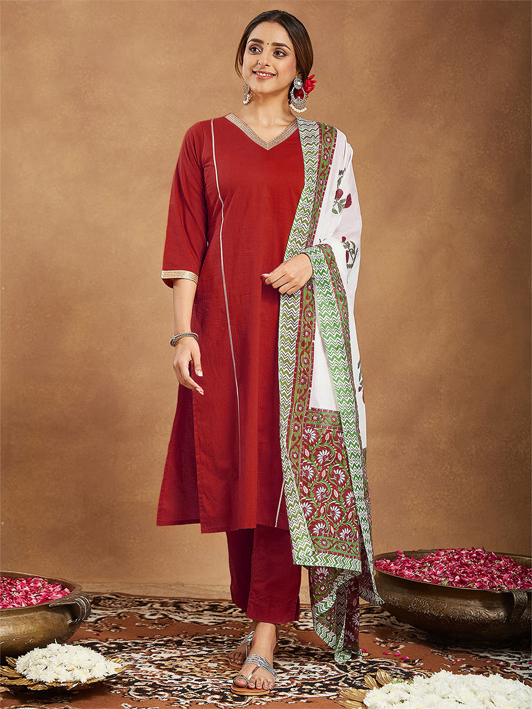 Women's Red Pure Cotton Embellished Straight Kurta Set