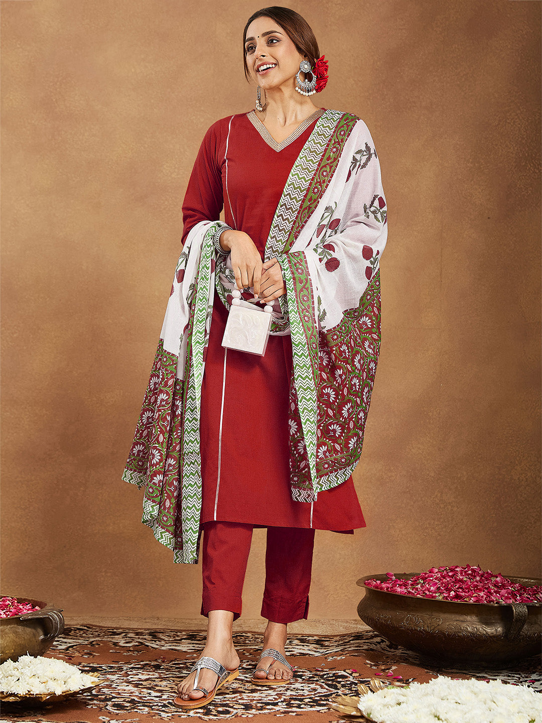 Women's Red Pure Cotton Embellished Straight Kurta Set