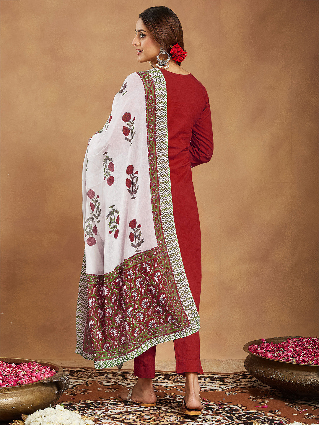 Women's Red Pure Cotton Embellished Straight Kurta Set