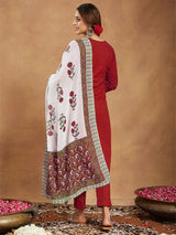 Women's Red Pure Cotton Embellished Straight Kurta Set