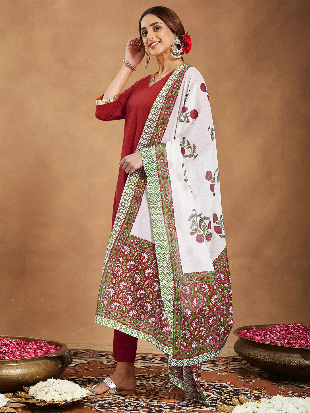 Women's Red Pure Cotton Embellished Straight Kurta Set