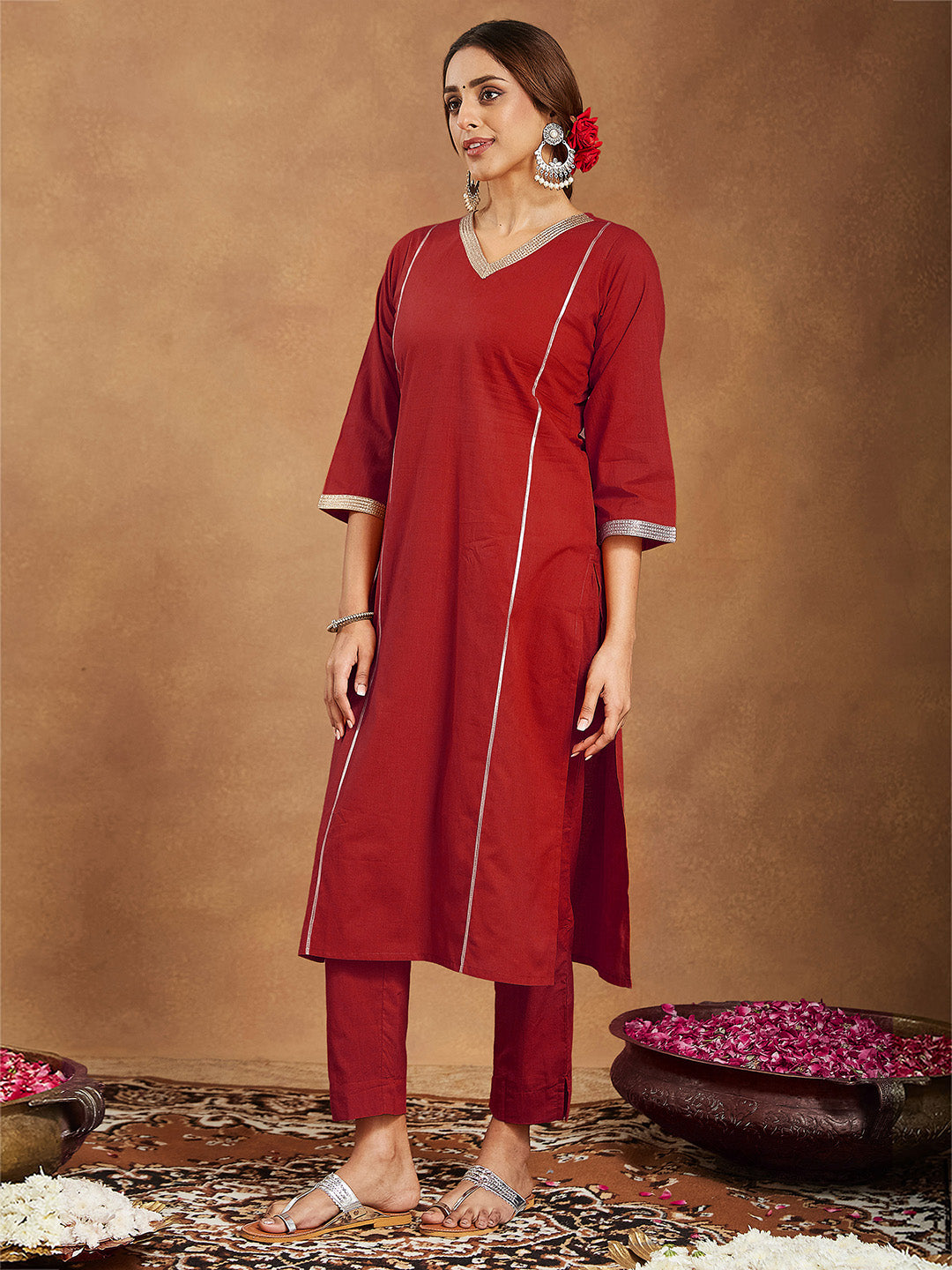 Women's Red Pure Cotton Embellished Straight Kurta Set