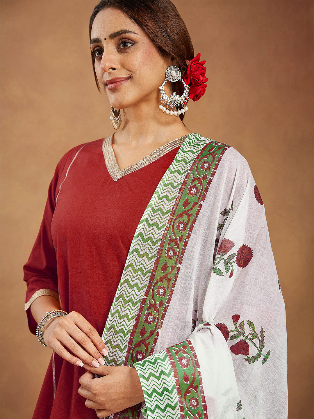 Women's Red Pure Cotton Embellished Straight Kurta Set