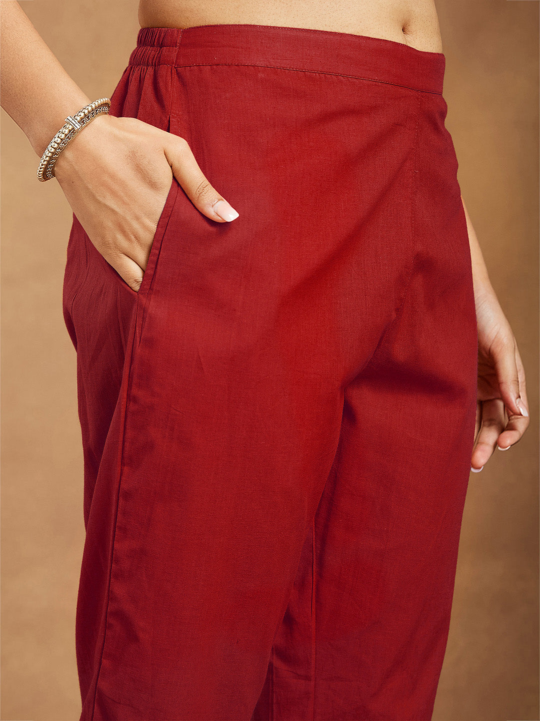 Women's Red Pure Cotton Embellished Straight Kurta Set