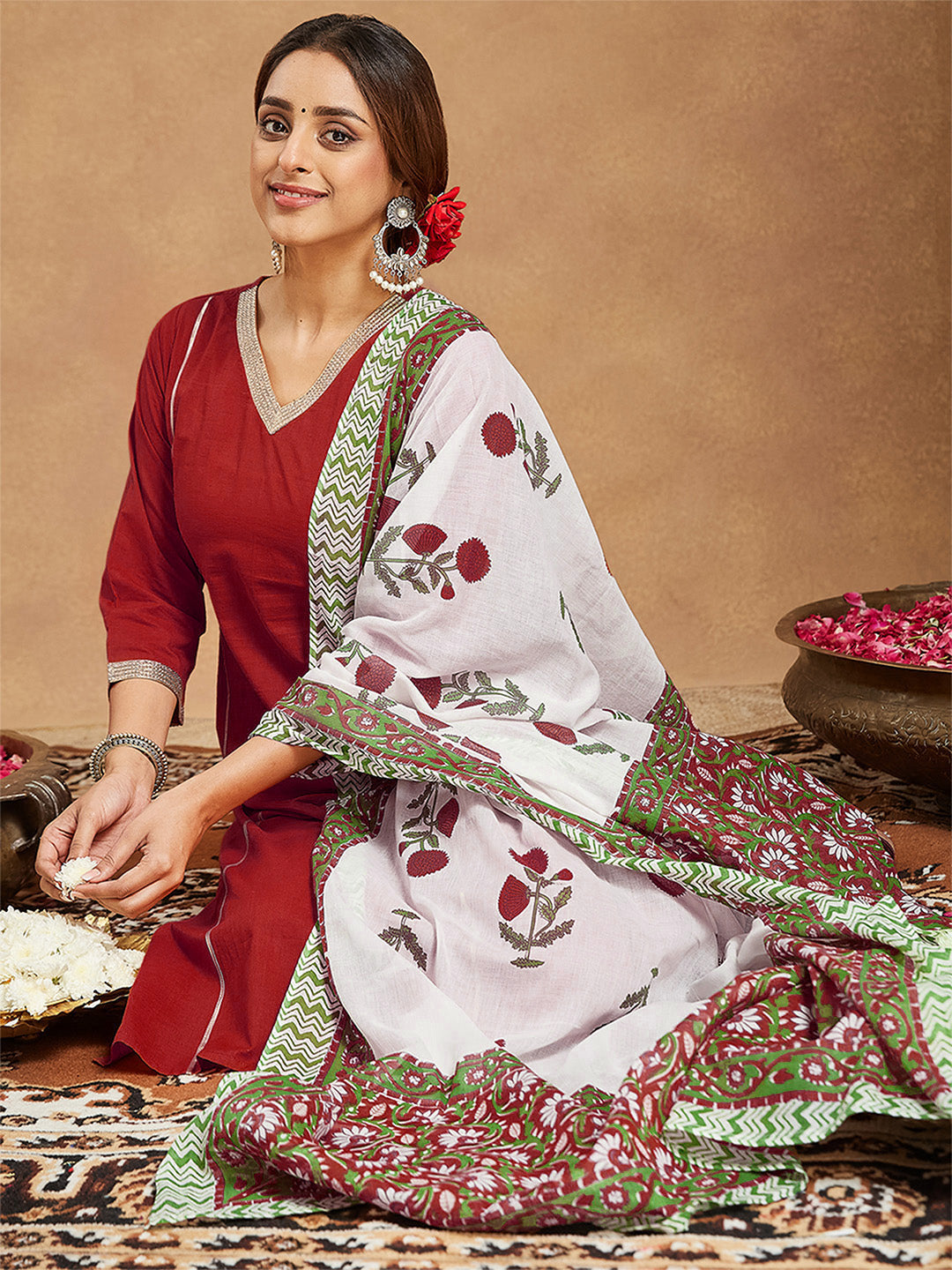 Women's Red Pure Cotton Embellished Straight Kurta Set