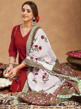 Women's Red Pure Cotton Embellished Straight Kurta Set