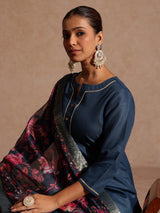 Women's Teal Blue Cotton Blend Yoke Design Straight Kurta Set With Printed Dupatta