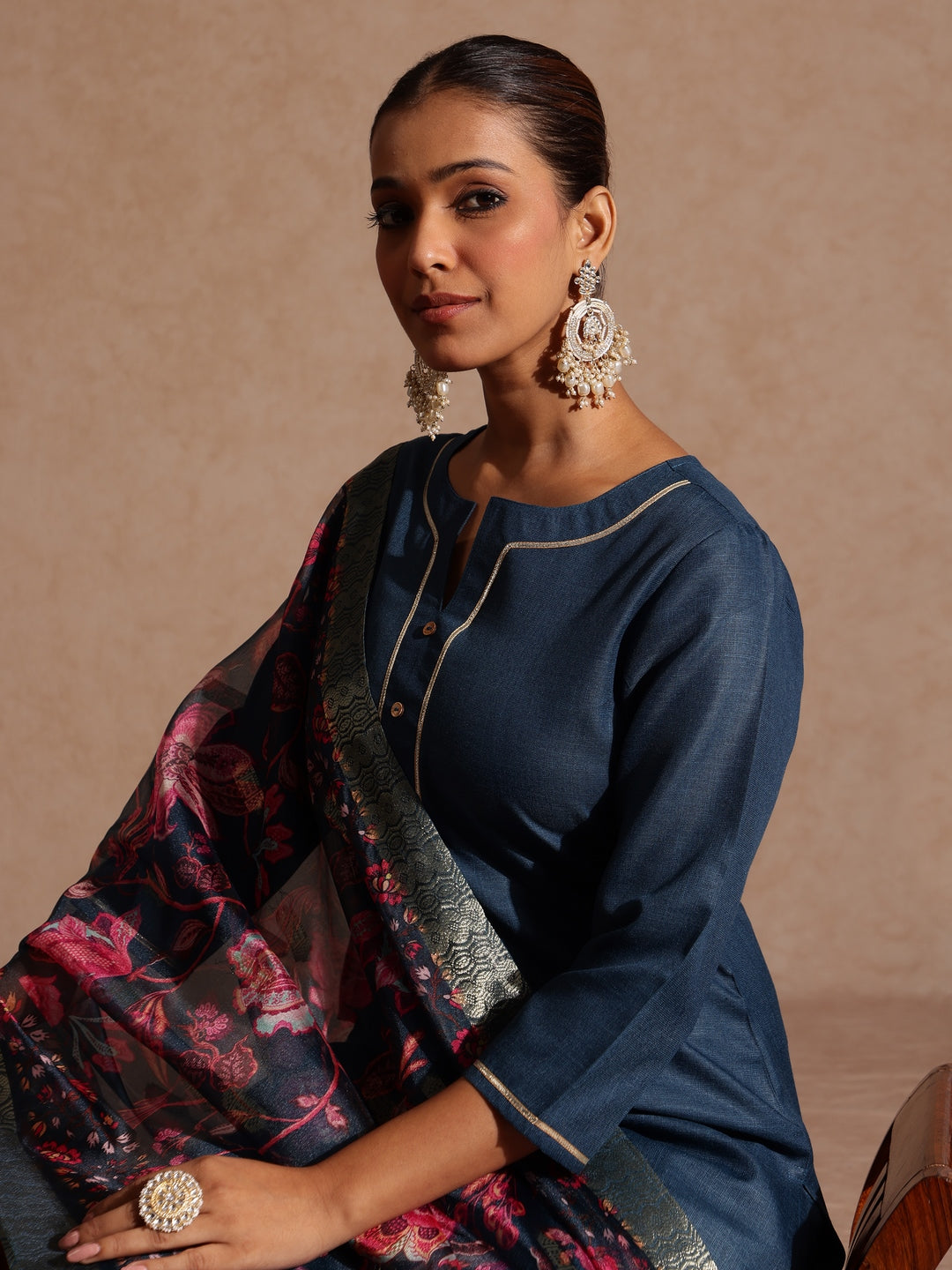 Women's Teal Blue Cotton Blend Yoke Design Straight Kurta Set With Printed Dupatta