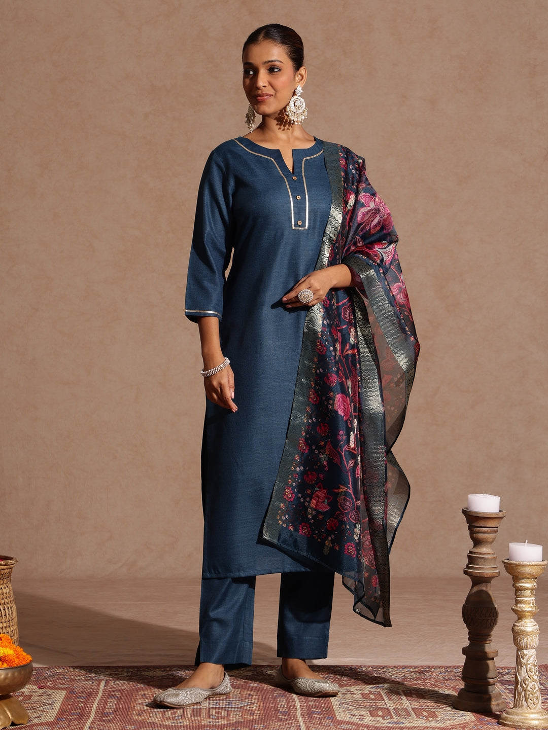 Women's Teal Blue Cotton Blend Yoke Design Straight Kurta Set With Printed Dupatta