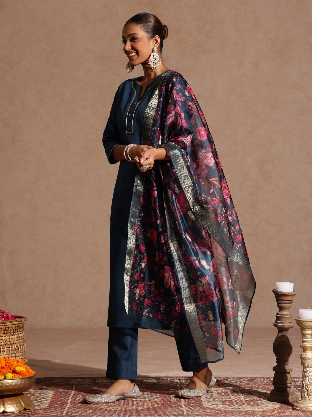 Women's Teal Blue Cotton Blend Yoke Design Straight Kurta Set With Printed Dupatta