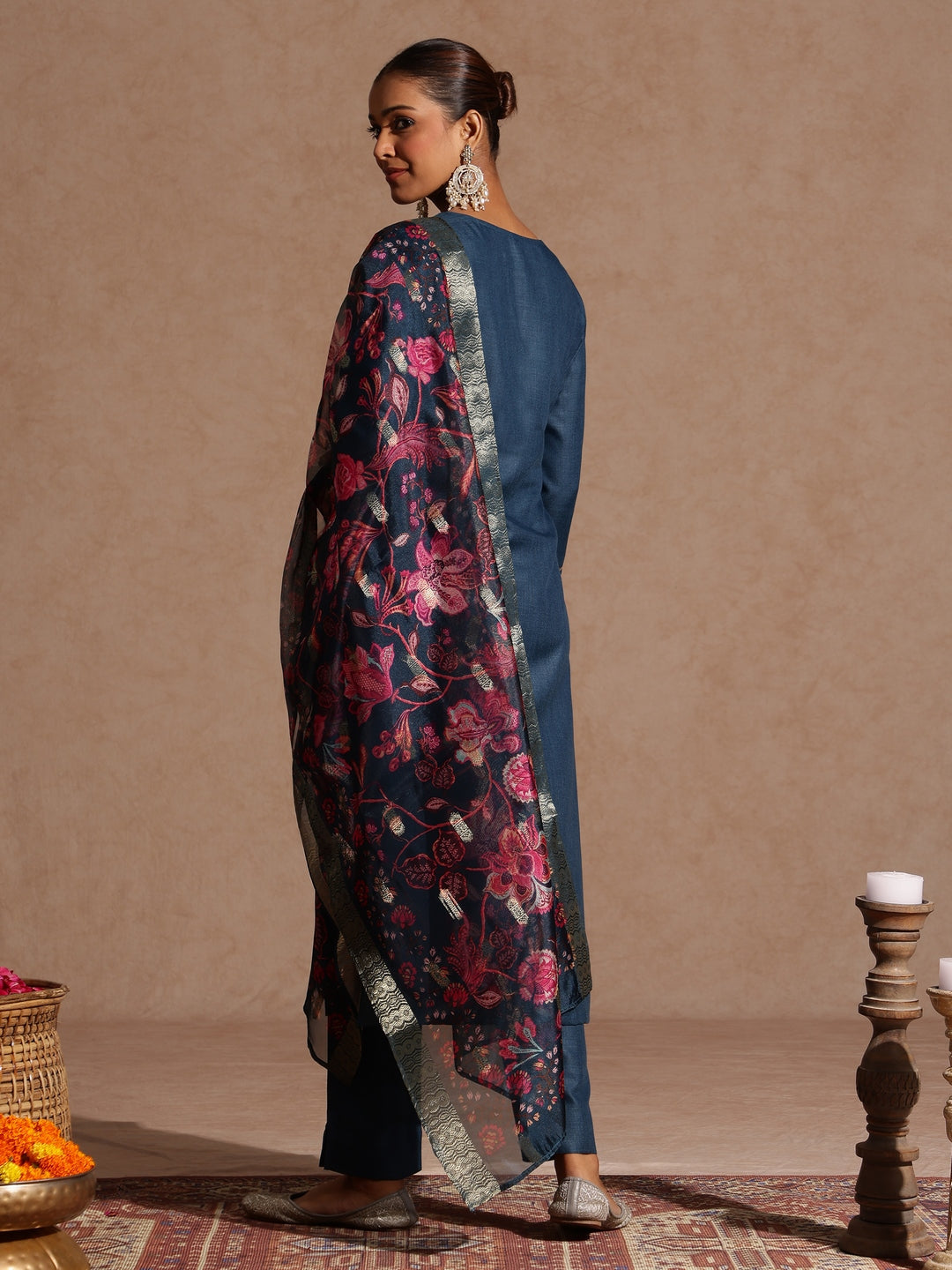 Women's Teal Blue Cotton Blend Yoke Design Straight Kurta Set With Printed Dupatta