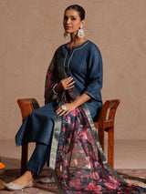 Women's Teal Blue Cotton Blend Yoke Design Straight Kurta Set With Printed Dupatta