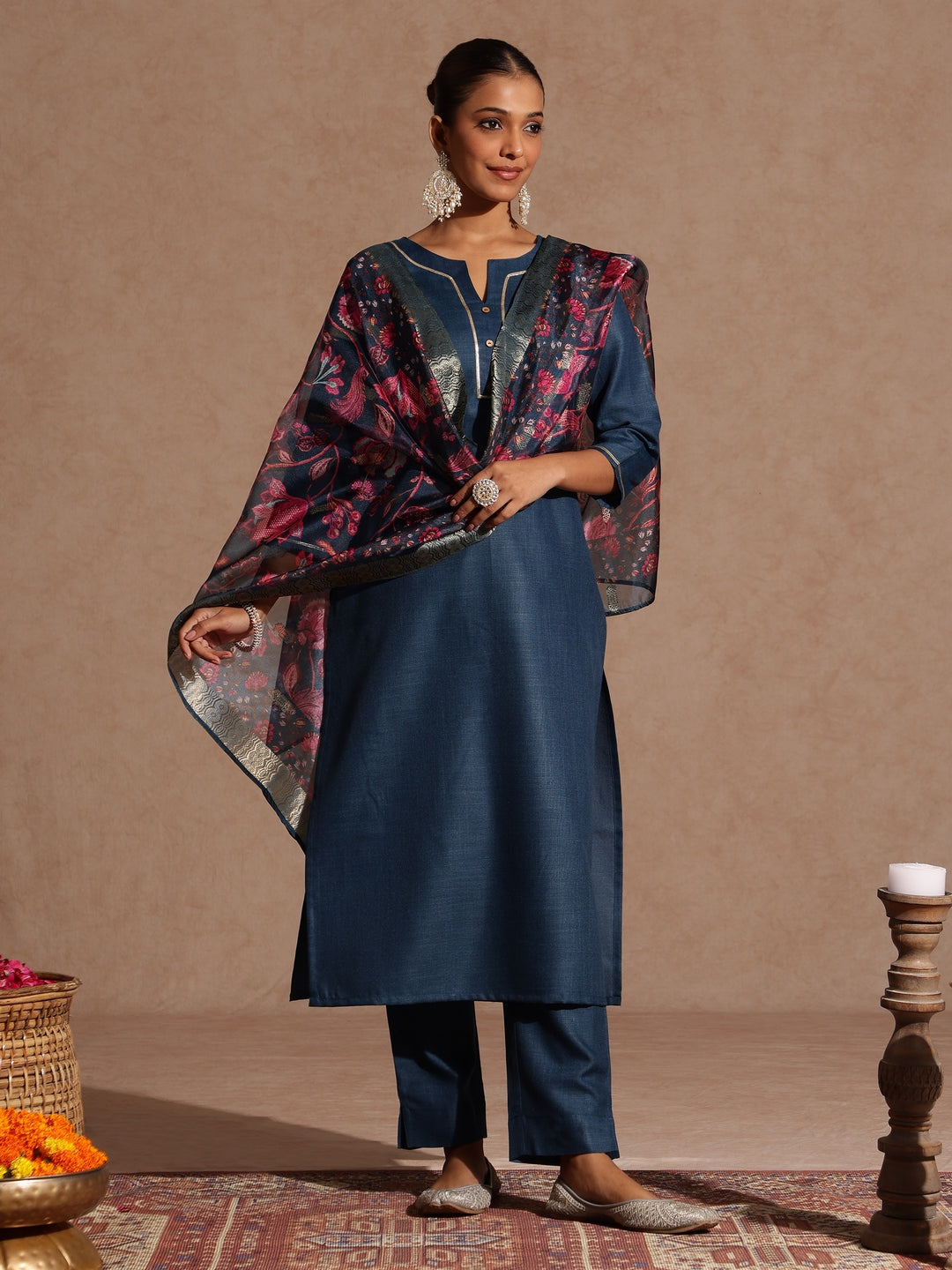 Women's Teal Blue Cotton Blend Yoke Design Straight Kurta Set With Printed Dupatta