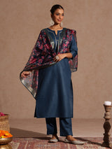 Women's Teal Blue Cotton Blend Yoke Design Straight Kurta Set With Printed Dupatta