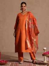 Women's Orange Cotton Blend Yoke Design Straight Kurta Set With Printed Dupatta