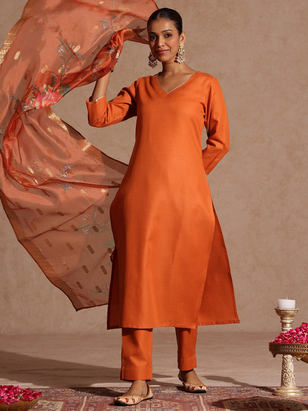 Women's Orange Cotton Blend Yoke Design Straight Kurta Set With Printed Dupatta