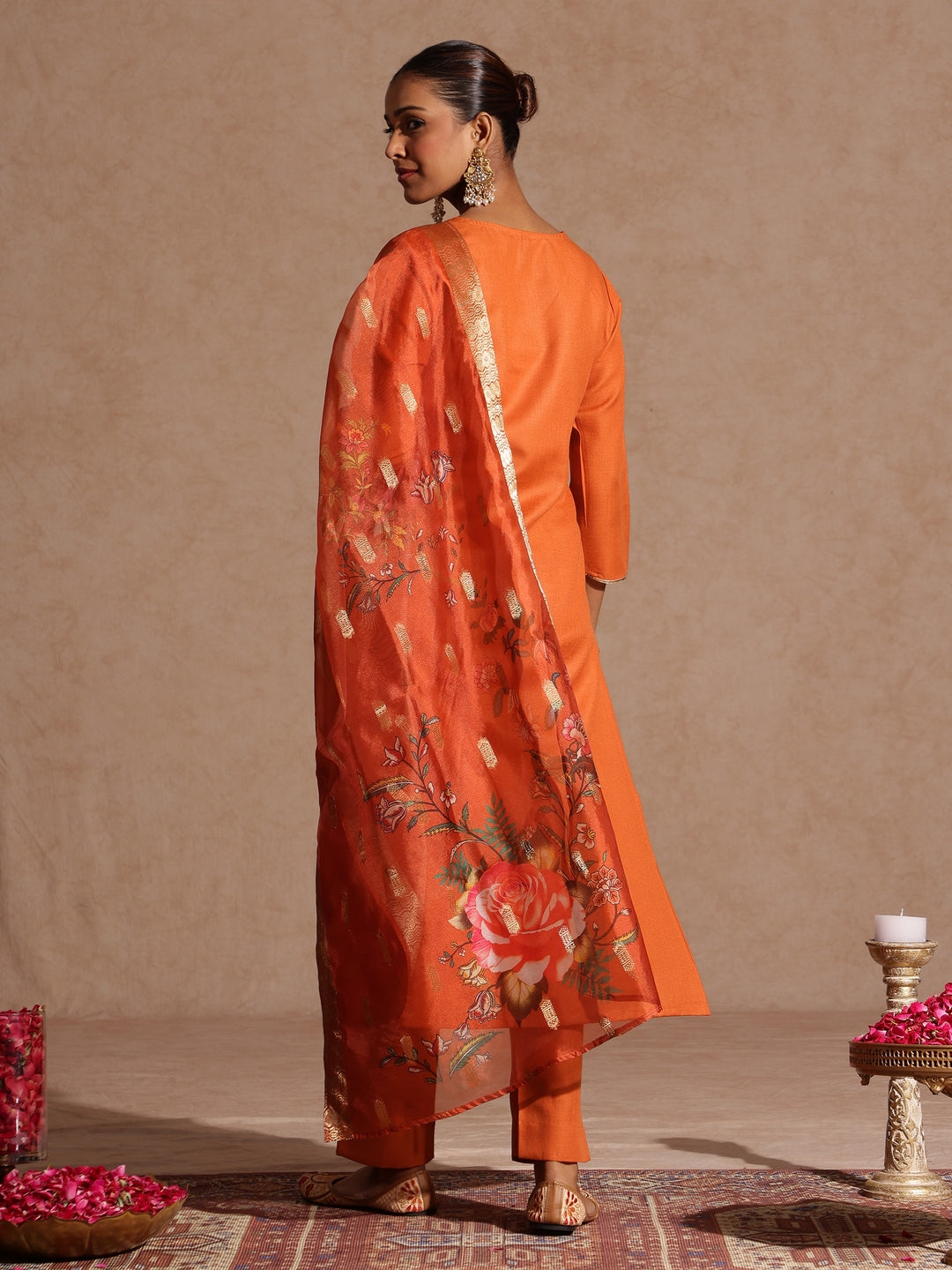 Women's Orange Cotton Blend Yoke Design Straight Kurta Set With Printed Dupatta