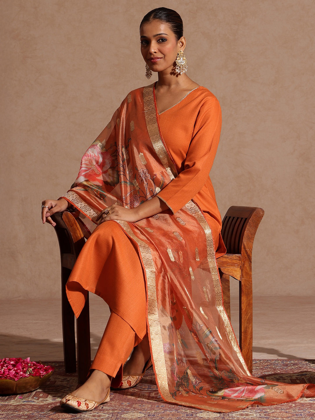 Women's Orange Cotton Blend Yoke Design Straight Kurta Set With Printed Dupatta